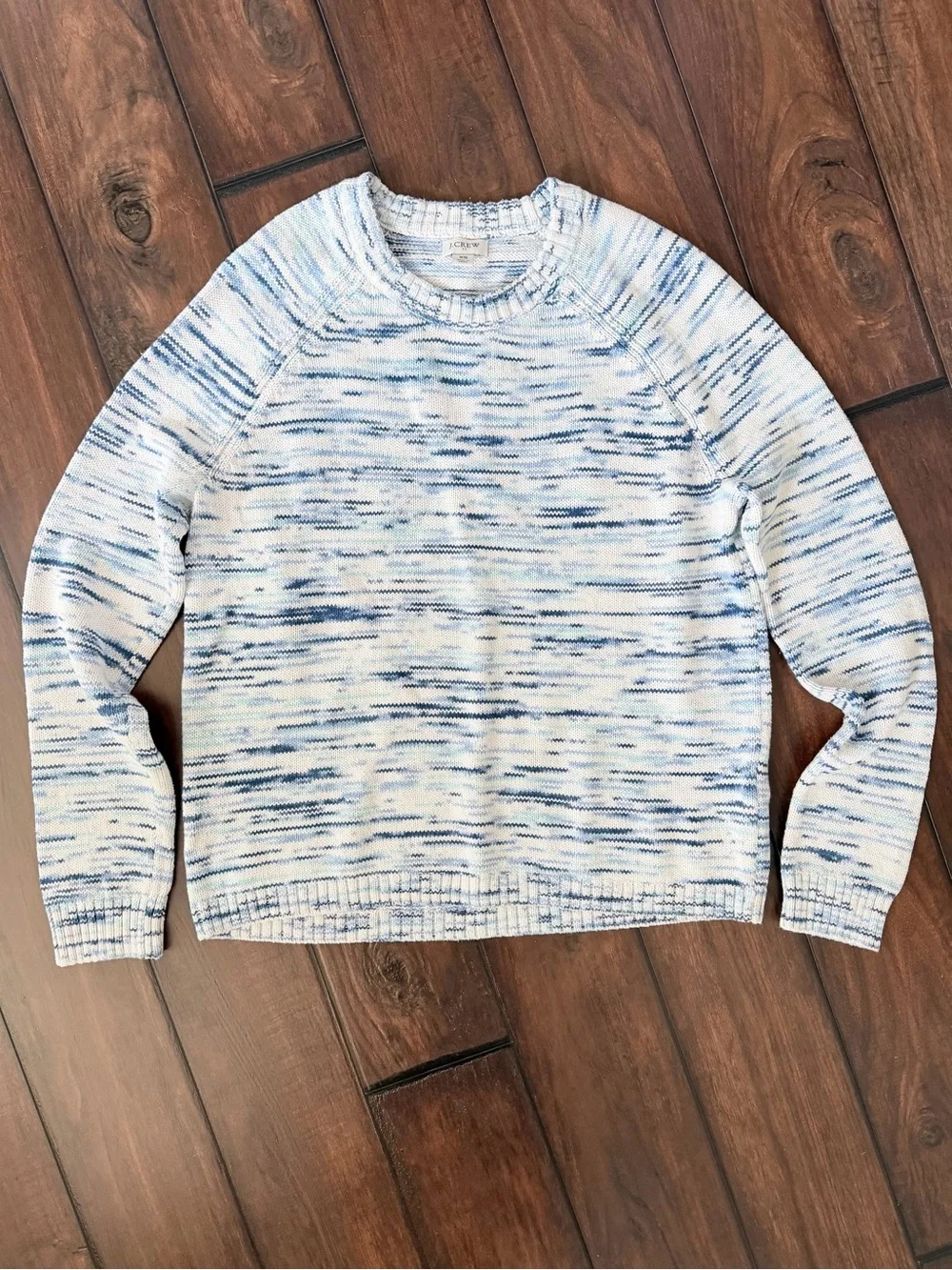 J. Crew Factory White Crewneck Sweater with Blue Space-Dyed Pattern